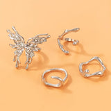 Popxstar Punk Silver Color Liquid Butterfly Rings Set For Women Fashion Irregular Wave Metal Knuckle Rings Aesthetic Egirl Gothic Jewelry