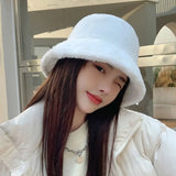 Popxstar Women Winter Outdoor Vacation Lady Panama Thickened Soft Warm Fishing Cap Faux Fur Rabbit Bucket Hat