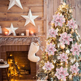 Popxstar 5/10Pcs Glitter Pink Christmas Flowers Xmas Tree 14cm Artifical Flower Ornaments 2024 Christmas Decoration For Home New Year