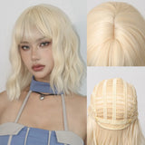 Popxstar Blonde Short Curly Bob Synthetic Wigs with Bangs Platium Golden Lolita Cosplay Wigs for Women Daily Party Cosplay Heat Resistant