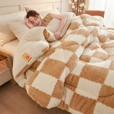 Popxstar Checkerboard Super Thick Warm Winter Blankets Soft Artificial Lamb Cashmere Weighted Blanket Fluffy Warmth Duvet Comforter Quilt