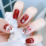 Popxstar 24pcs Christmas Wearable Press on Nails Red Fake Nails Detachable Short Square Nail Lovely False Nails Накладные Ногти Uñas 네일팁