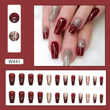 Popxstar Christmas Nails 24Pcs/Set Wine Red Long Ballet Fake Nails Gold Glitter Gradient Artificial Removable Acrylic Press on Nails Art Stick on Nails