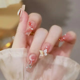 Popxstar 24Pcs Wearable Coffin Fake Nail Tips with Butterfly Camellia Designs Red Long Ballerina False Nails Press on Nails Art Manicure