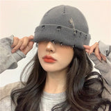 Popxstar Winter Harajuku Y2K Knitted Hat Women Fashion Warm Thick Men Hip Hop Pin Hole Skullcap Short Hat Unisex Basic Cap