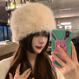 Popxstar Russian Faux Fur Fisherman Cap Y2k Luxury Plush Dome Hat Winter Fluffy Thicken Warm Beanies Outdoor Cycling Skiing Panama Hats