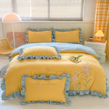 Popxstar room inspo ideas Cute Floral Bedding Set for Girls Boys Kids Single Queen Size Embroidery Duvet Cover with Ruffles Pillowcase Yellow Home Textile