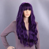 Popxstar Long Purple Wig for Women 28" Long Lavender Purple Wig With Bangs Curly Wavy Natural Cute Soft Wig for Costume Braids Anime