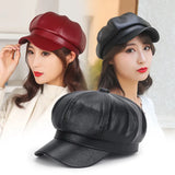 Popxstar New Women PU Leather Berets Cap Hat Black Red Outdoor Adjustable Female Autumn Winter Casual Lady Cap Hat For Women