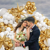 Popxstar 121Pcs White and Gold Balloons Garland Arch Kit with Starburst Foil Balloons for Wedding Anniversary Birthday Party Decorations