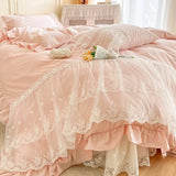 Popxstar 100% Cotton Romantic French Princess Wedding Bedding Set Lace Ruffles Duvet Cover Lace Bed Sheet Bed Skirt Bedspread Pillowcases