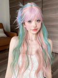 Popxstar 28Inch Iridescent Rainbow Color Multicolour Synthetic Wigs with Bang Long Natural Wavy Hair Wig for Women Cosplay Heat Resistant