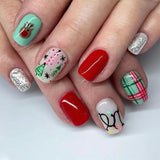 Popxstar 24pcs Christmas Wearable Press on Nails Red Fake Nails Detachable Short Square Nail Lovely False Nails Накладные Ногти Uñas 네일팁