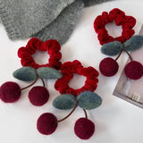 Popxstar Cute Wool Felt Cherry Hair Scrunchies Red Velvet Headbands Girls Sweet Head Rope Women Ties Ponytail Rubber Band New Year's Gift