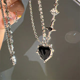 Popxstar Pink Crystal Heart Pendant Necklaces Bowknot Rings for Women Girls Y2k Kpop Sweet Cool Open Finger Rings Party Jewelry Set Gift