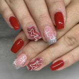 Popxstar 24pcs Christmas Wearable Press on Nails Red Fake Nails Detachable Short Square Nail Lovely False Nails Накладные Ногти Uñas 네일팁