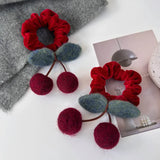 Popxstar Cute Wool Felt Cherry Hair Scrunchies Red Velvet Headbands Girls Sweet Head Rope Women Ties Ponytail Rubber Band New Year's Gift