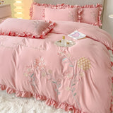 Popxstar room inspo ideas Cute Floral Bedding Set for Girls Boys Kids Single Queen Size Embroidery Duvet Cover with Ruffles Pillowcase Yellow Home Textile