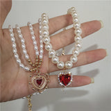 Popxstar Kpop Vintage Baroque Red Crystal Heart Pendant Pearl Chain Necklace For Women Jewelry Wedding Christmas Gift Y2K Accessories