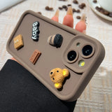 Popxstar Korean Cute Cartoon 3D Coffee Bear Phone Case For iPhone 11 Case iPhone 13 12 14 16 15 Pro Max XR XS 7 8 Plus SE 2020 Soft Cover