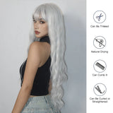 Popxstar Super Long Curly Silver Synthetic Wig with Fluffy Bangs White Water Wave Hair Wigs for Women Daily Use Cosplay Colored Hair Wig