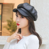 Popxstar New Women PU Leather Berets Cap Hat Black Red Outdoor Adjustable Female Autumn Winter Casual Lady Cap Hat For Women