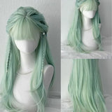 Popxstar Light Green Wig for Women Long Straight Hair Summer Green Wigs with Bangs Natural Simulation Human Hair Headband Lolita Wig