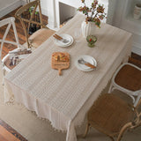 Popxstar Beige Polyester Cotton Tablecloth, Monochromatic, Crochet Hollowed Out, Broom Tassels, American Rural Style, Tablecover