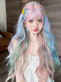 Popxstar 28Inch Iridescent Rainbow Color Multicolour Synthetic Wigs with Bang Long Natural Wavy Hair Wig for Women Cosplay Heat Resistant