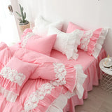 Lace Flowers Embroidery Bedding Set Cotton Pink Princess Duvet Cover Bedspread Bed Skirt Pillowcases Solid Color Home Textile