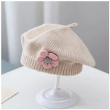 Popxstar Solid Color Flower Baby Beret Hat Winter Warm Knitted Beanie Cap for Infant Girls Korean Toddler Princess Artist Painter Caps