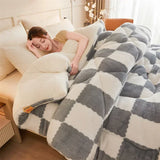 Popxstar Checkerboard Super Thick Warm Winter Blankets Soft Artificial Lamb Cashmere Weighted Blanket Fluffy Warmth Duvet Comforter Quilt