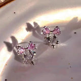 Popxstar Korean Bowknot Zircon Stud Earrings for Women Trendy Cute Pink Crystal Earrings Personality Y2k Earring Girl Party Jewelry Gifts