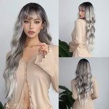 Popxstar Super Long Curly Silver Synthetic Wig with Fluffy Bangs White Water Wave Hair Wigs for Women Daily Use Cosplay Colored Hair Wig