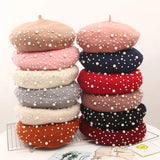 Popxstar Woolen pearl beret woman Autumn-winter Korean all-matching Japanese painter hat British retro pumpkin hat woman