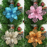 Popxstar 10Pcs 9-16cm Artificial Christmas Flowers Xmas Tree Decoration Glitter Red Poinsettia Flowers For Home Navidad New Year Ornament