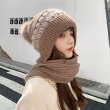 Popxstar New Women Winter Warm Beanies Hat Scarf set Breathable Rabbit Hair Blend Knitted Hat Scarf for Women warm lining Caps