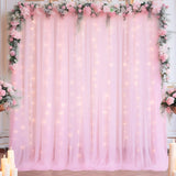 Popxstar 2pcs Pink White Tulle Backdrop Curtains with Lights for Party Wedding Arch Baby Shower Birthday Party Photo Shoot Decorations