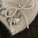 Popxstar White Bowknot Heart Keychain Women Sweet Charm Pearl Bow Backpack Key Ring Handmade Jewelry Ornament Bags Pendants Gif