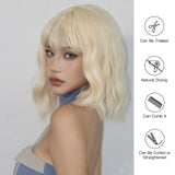 Popxstar Blonde Short Curly Bob Synthetic Wigs with Bangs Platium Golden Lolita Cosplay Wigs for Women Daily Party Cosplay Heat Resistant