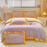 Popxstar room inspo ideas Cute Floral Bedding Set for Girls Boys Kids Single Queen Size Embroidery Duvet Cover with Ruffles Pillowcase Yellow Home Textile