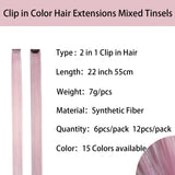 Popxstar Clip in Colored Hair Extensions Mixed Silver Tinsels Synthetic Rainbow Hairpieces Holiday Party Highlights for Women Girls