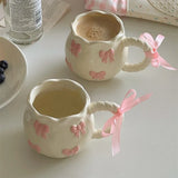 Popxstar Irregular Handmade Relief Pink Bow Coffee Ceramic Cup Gift Water Cup Kawaii Cup