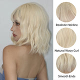 Popxstar Blonde Short Curly Bob Synthetic Wigs with Bangs Platium Golden Lolita Cosplay Wigs for Women Daily Party Cosplay Heat Resistant