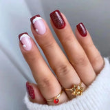 Popxstar 24pcs Christmas Wearable Press on Nails Red Fake Nails Detachable Short Square Nail Lovely False Nails Накладные Ногти Uñas 네일팁