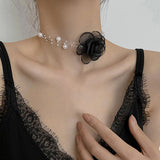 Popxstar Romantic Pearl Choker Camellia Necklace Summer Black White Clavicle Chain With Fabric Flowers Pearls For Women Jewelry