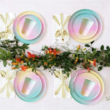 Popxstar Rainbow Tableware Set  for Birthday Party Decorations Rainbow Tableware Paper Plates Cups Napkins Tablecloth Dinner Disposable