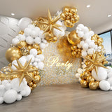  White and Gold Balloons Garland Arch Kit with Starburst Foil Balloons for Wedding Anniversary Birthday Party Decorations