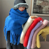 Popxstar Solid Warm Women's Winter Mohair Scarf Thickened Cashmere Knitting Thick Tassel Shawl Scarf Women Men Couple Scarf Accessories