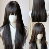 Popxstar Black Wig with Bangs Long Straight Hair Sideburns Japanese Jk Black Lolita Simulation Hair Headband Wigs